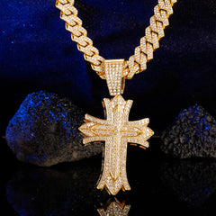 Stylish Men's All Rhinestones Cuban Chain Necklace with Punk Crystal Cross Pendant