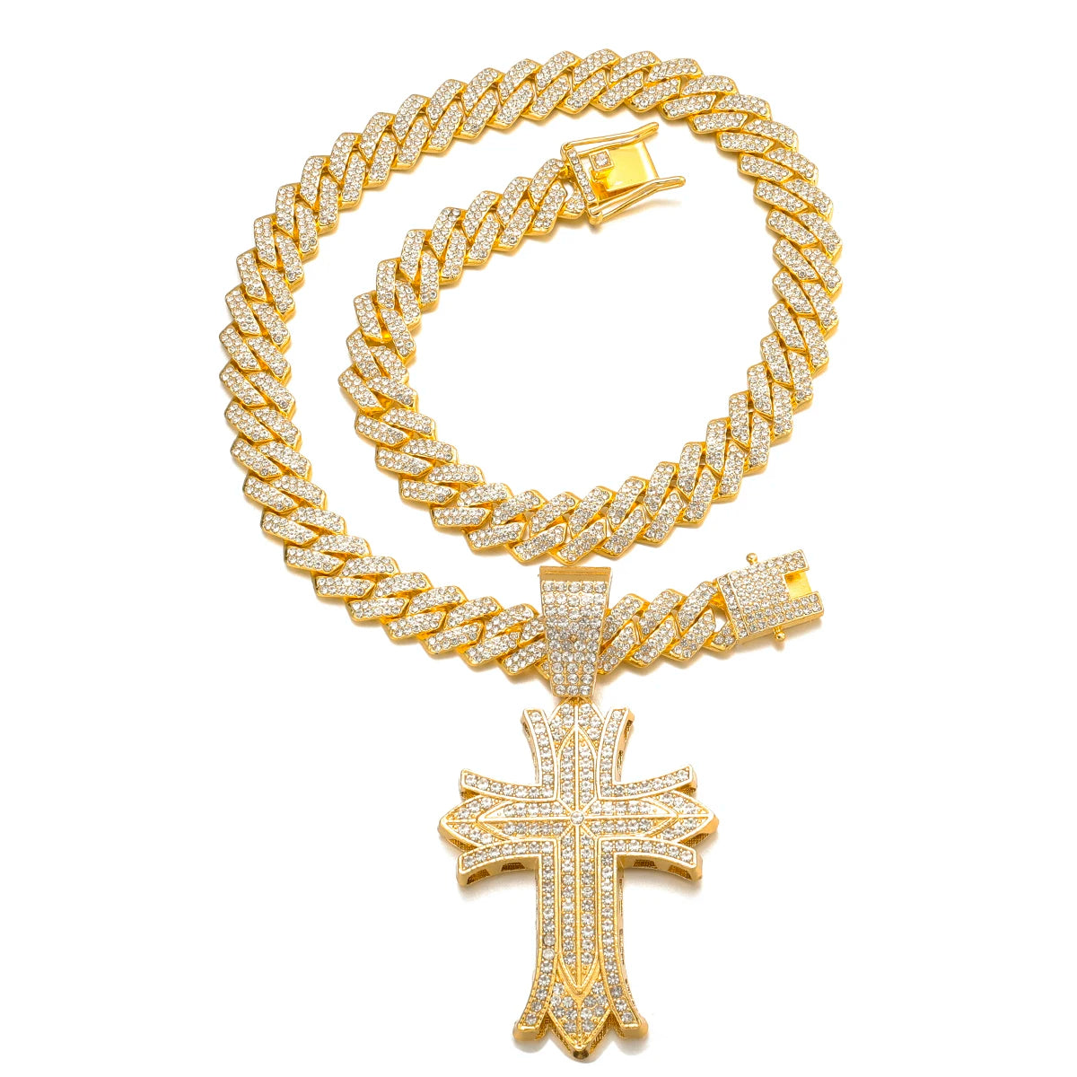 Stylish Men's All Rhinestones Cuban Chain Necklace with Punk Crystal Cross Pendant